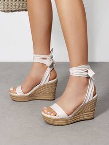 Womens Open Toe Espadrilles Wedges Tie Lace Up Cute Ankle Strap Platform Sandals Dressy Shoes - trắng - Xem 2