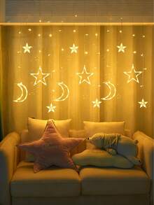 Star & Moon Shaped Decorative String Lights, Battery Powered, Suitable For Party, Wedding, Birthday Occasions, Can Be Used As Curtain Lights, Bedroom Star & Moon Lights, Student Apartment Decor, Indoor & Outdoor Decoration, Shining Wedding Garden And Room Decor - Đèn rèm hình sao và mặt trăng - Xem 4