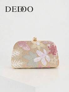 Dedoo 优雅闪亮多色叶子花卉拼接斜挎手拿包，复古链条晚宴包，迷你方形手提包，适合派对女孩、新娘、大学生、年轻职业人士，图案随机发送，粉色 - 粉色 - 查看 1