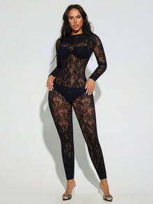 女士长袖镂空高弹蕾丝派对夜店连体裤 黑色 - 黑色 - 查看 7