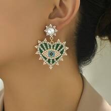 1对绿色眼睛心形耳环，现代休闲度假风耳环，女士款 - 彩色 - 查看 3