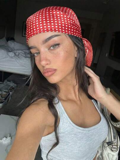 1pc Women's Casual French Dot Print Silk Scarf Bandana, 50cm Hair Accessory Headscarf, Suitable For Daily, Office, Beach