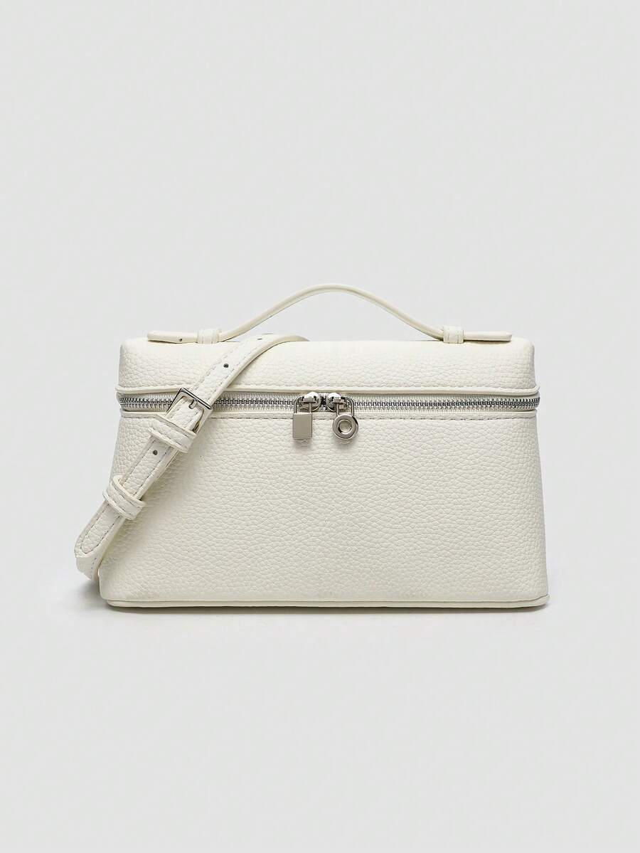 1pc Solid Color Litchi Texture PU Square Shoulder Bag, Small Handbag For Women, Suitable For Daily Fashion Matching, - White - View 1