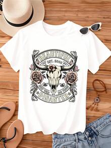 Beautiful Disaster Bull Skull Roses Summer Short Sleeve T Shirt - White - View 2