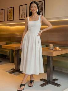 A&DD MODA, REF: MK09 - Women's Midi Dress With Elastic Straps And Pockets, Lightweight And Breathable Summer Dress Made Of Linen Fabric, Sweet And Slim Square Neckline, Sleeveless, Fitted Waist And A-Line Skirt, Suitable For Women. - 白色的 - 查看 5