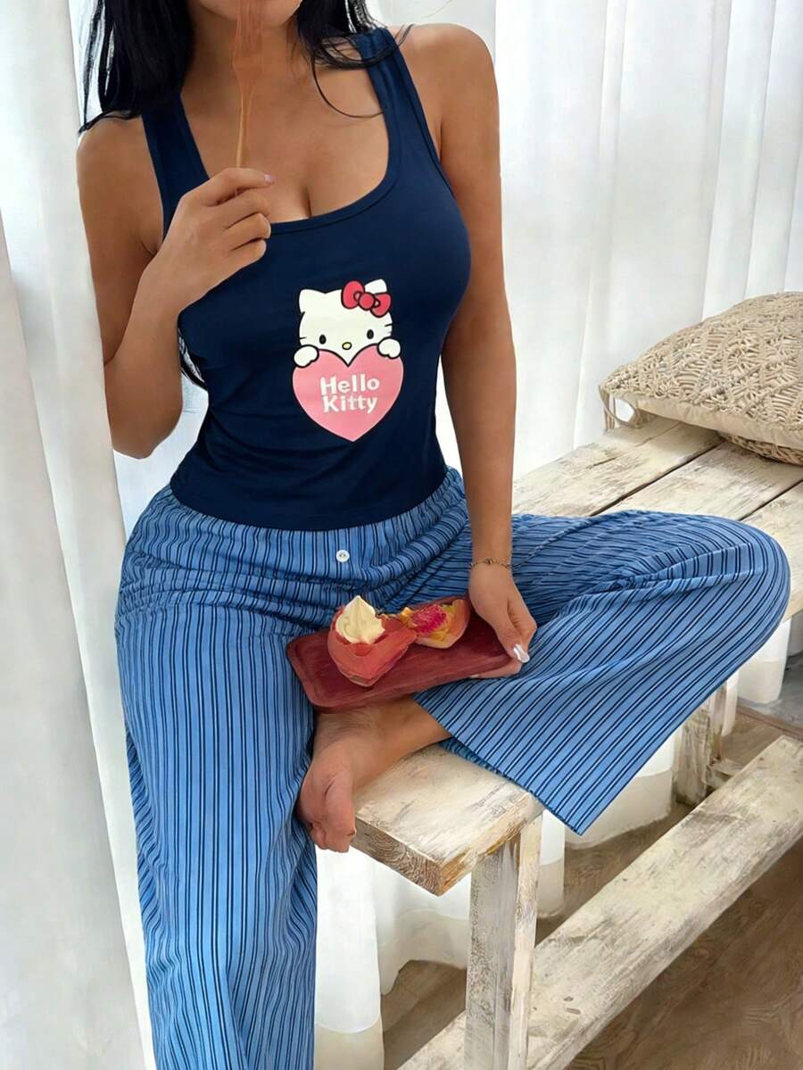 [WONDER WORLD]2pcs Hello Kitty Women's Round Neck Sleeveless Printed Top + Straight Elastic Waist Pants Cute Pajama Set - Blue - View 1