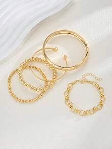 Set de 5 piezas de pulseras tipo brazalete minimalistas de tono dorado con estilo bohemio, aptas para uso diario de mujeres y festivales de música - Amarillo Oro - Ver 6