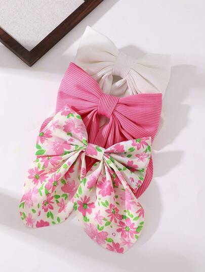 3 piezas Pinzas para el cabello de mujer minimalistas y elegantes con estampado floral rosado y lazo, adecuadas para uso diario, primavera/verano, fiestas, vacaciones