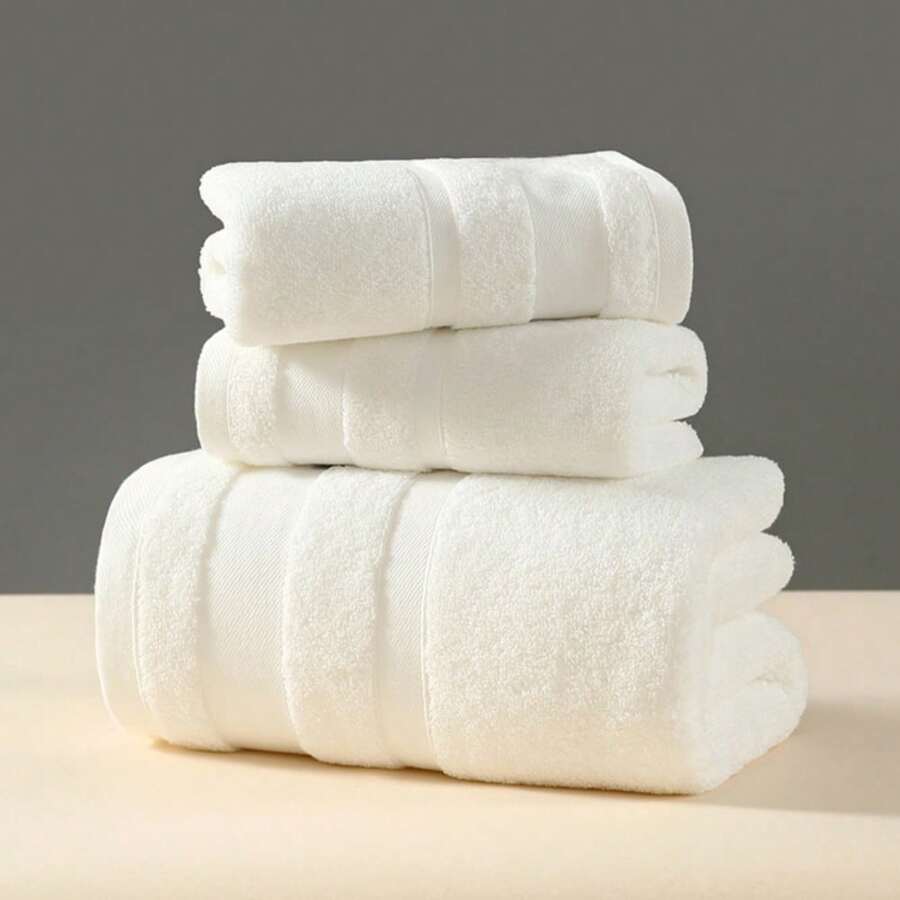 3pcs/Set Dopamine Color Cotton Towel Set - 2 Hand Towels (35x73cm/13.78*28.74in) & 1 Bath Towel (70x140cm/27.56*55.12in), 32 Thread Count, Highly Absorbent & Quick Dry, Bathroom Gym Spa - White - View 1