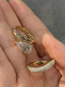 2pcs S925 Silver Material French Luxury Jewelry Set, Teardrop Zirconia Stone Rings Suitable For Engagement, Wedding, Holiday Gift - Yellow Gold - View 2