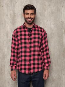 Men's Flannel Plaid Shirt, Long Sleeve Blouse - 粉色 - 查看 4