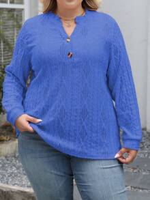 新款欧美风跨境V领宽松短袖T恤，提花纯色女式上衣，春夏休闲款 - 藍色 - 查看 2