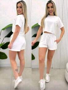 Cropped Top And Sweat Shorts Set, Comfortable Fit And Casual Style. - White - View 3