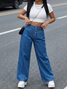 Jeans anchos de mujer de talle medio sin elastano para looks urbanos - Azul lavado oscuro - Ver 3