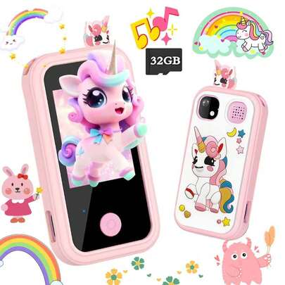 适合3-12岁儿童的智能手机玩具，独角兽设计，圣诞节和生日礼物，2.8英寸触摸屏，双摄像头，多款游戏，音乐播放器，适合户外活动、旅行和家庭聚会。