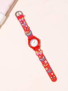 Cute & Compact Butterfly Pattern Quartz Silicone Strap Kids Watch - Red - View 3