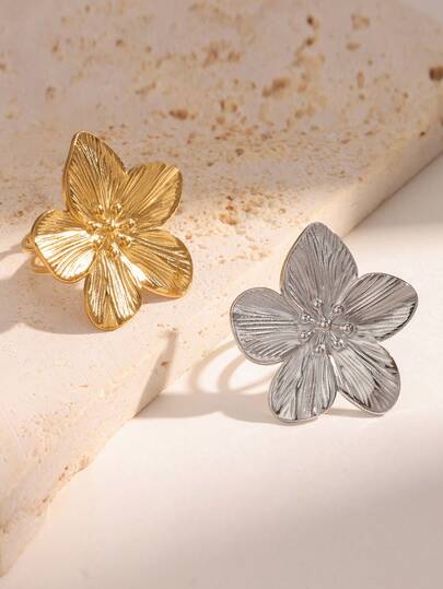1pc Vintage Exaggerated Design Elegant Sweet Luxury Plated Gold Stainless Steel Flower Shaped Open Ring, Suitable For Women's Daily, Party, And Date Wear