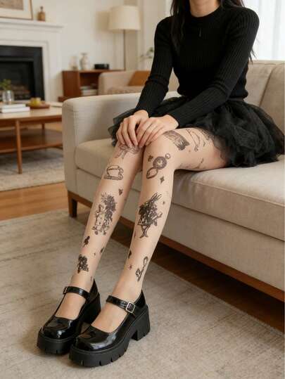 1 Pair Of Women's Rabbit, Teacup & Crown Print Pantyhose, Elegant, Beautiful, Sexy And Comfortable, Slimming, Snag-Resistant And Durable, Perfect For Various Festival And Daily Styling, Especially Ideal For Easter, Couple Dates, Daily Outings And Commuting - Available In Multiple Sizes