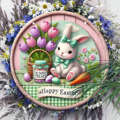 1 pieza Decoración de corona de madera con conejo de Pascua - Arte de pared vibrante de primavera con huevos y flores de colores, perfecto para decoración de puerta principal, uso interior/exterior, regalo ideal de inauguración de casa, adorno de conejo