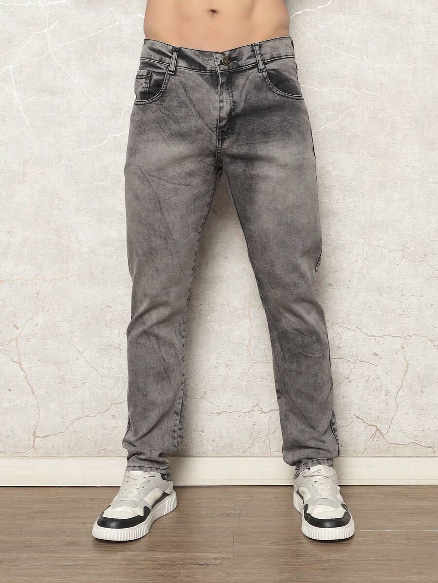 Men's Skinny Jeans With Elastane - Light Grey - View 1