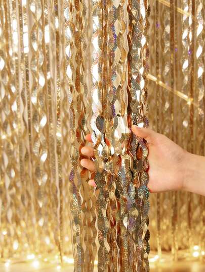 1 pieza Cortina de oropel ondulado dorado con láser, 200*100cm, cortina de oropel, telón de fondo de fiesta de cortina de flecos de lámina metálica dorada, decoración de fondo, decoración de boda, decoración de cumpleaños, cortina de borlas onduladas, decoración de baby shower, decoración de fiesta de revelación de género, accesorios para photobooth, decoración de despedida de soltera, suministros de fiesta Cortina de lluvia