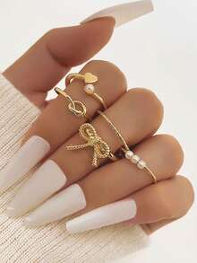 5件套清新甜美设计百搭温柔珍珠蝴蝶结开口戒指和心形戒指 - 彩色 - 查看 3