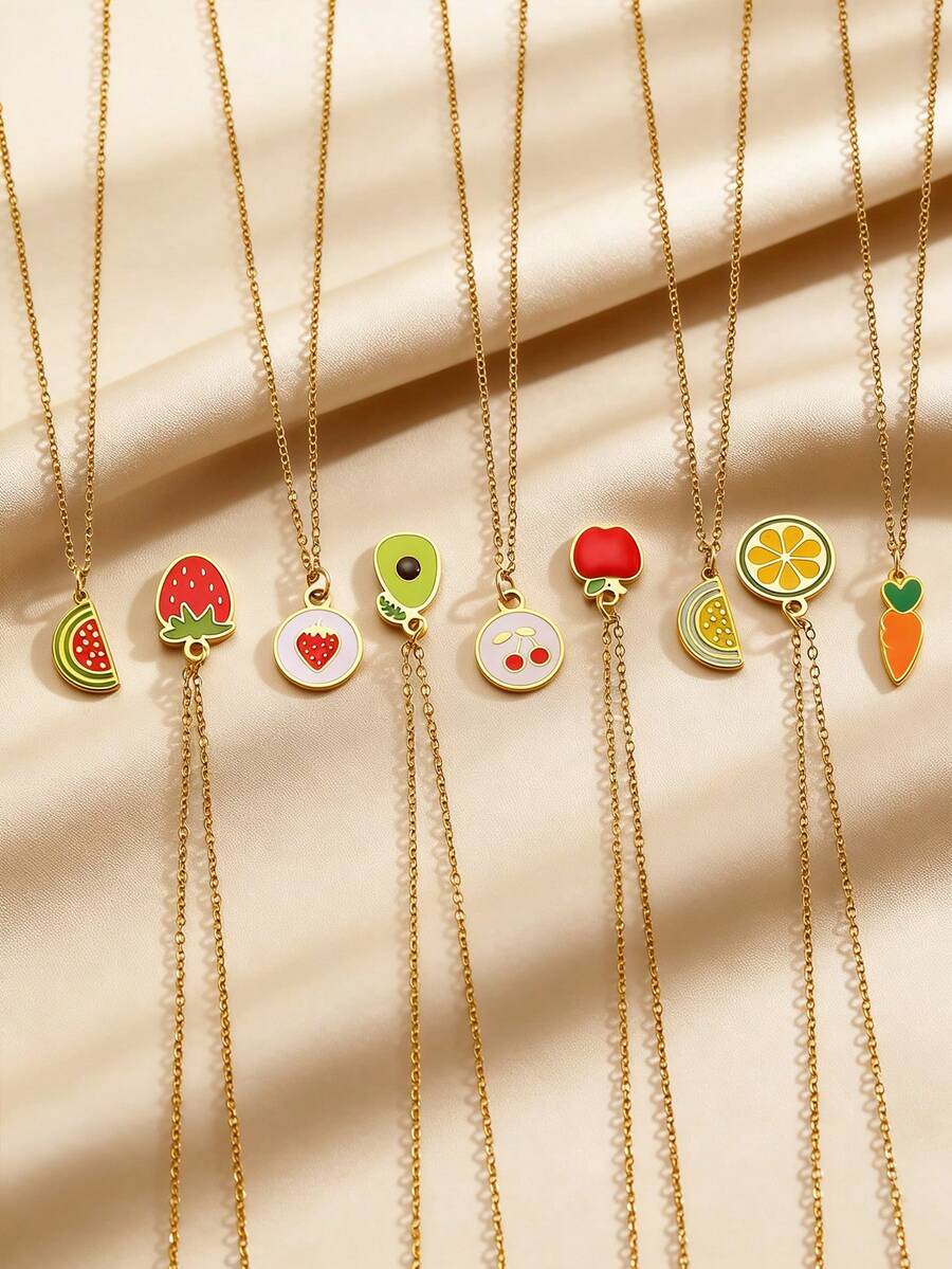 1pc Stainless Steel Necklace, Casual Elegant Luxury Strawberry & Cherry Fruit Design, Suitable For Women's Daily, Party, And Gift Giving - Multicolor - View 1