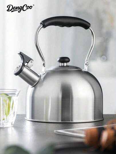 Dengcoo 1pc 2.5L Stainless Steel Whistling Tea Kettle, Suitable For Brewing Coffee And Tea, Silver Color With Black Handle Whistling Teapot