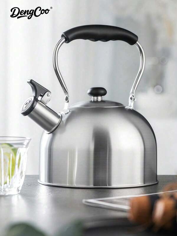 Dengcoo 1pc 2.5L Stainless Steel Whistling Tea Kettle, Suitable For Brewing Coffee And Tea, Silver Color With Black Handle Whistling Teapot