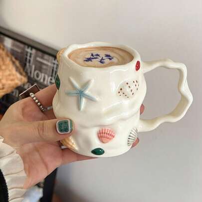 Taza de cerámica asimétrica con diseño de dibujos animados del océano, taza de cerámica creativa para agua, café, desayuno