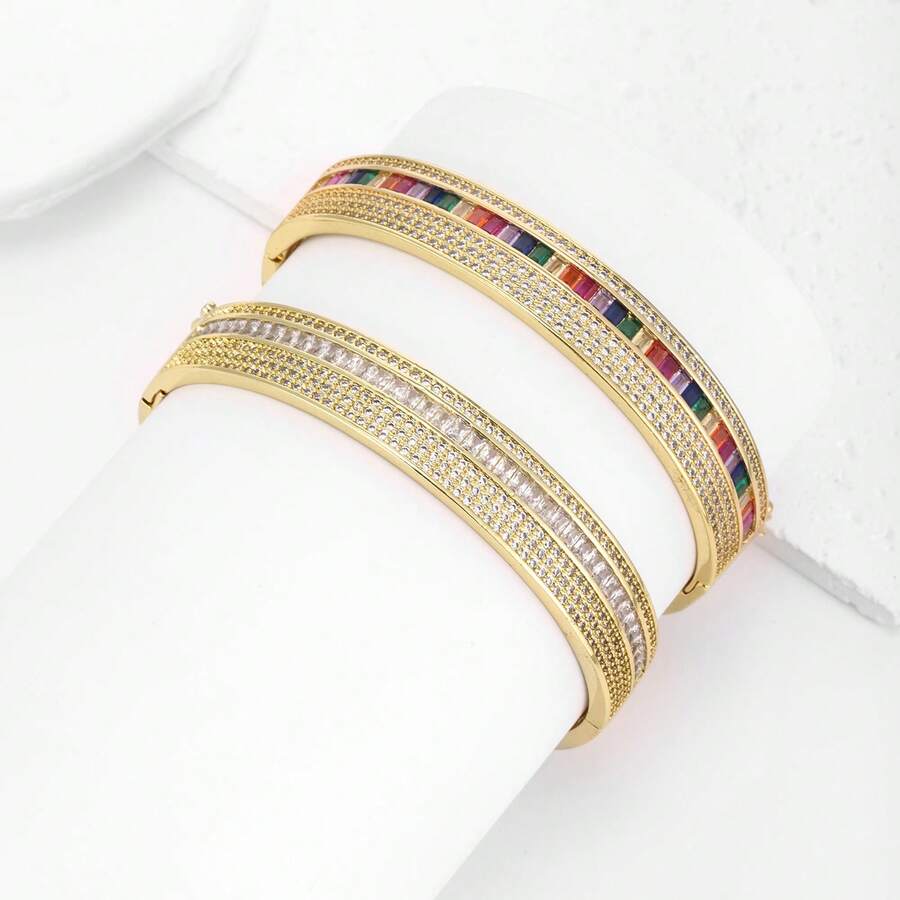 1 chiếc vòng tay bằng đồng mạ vàng 18K đính đá Zirconia nhiều màu sắc, quà tặng trang sức cao cấp cho ngày Valentine, thiết kế tối giản tinh tế, trang sức sang trọng kín đáo với đá rhinestone, phụ kiện. - vòng tay hình bầu dục - Xem 1