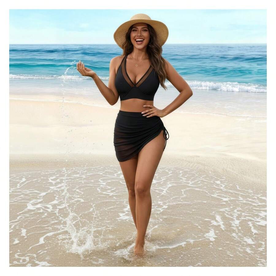 Women's Bikini Set - Black Mesh 2 Piece Swimsuit With Sarong, S Size - Push Up Padded Bathing Suit For Beach, Pool, Summer Vacation, Halter Top, High Waisted Bottoms - 多色181 - 查看 1