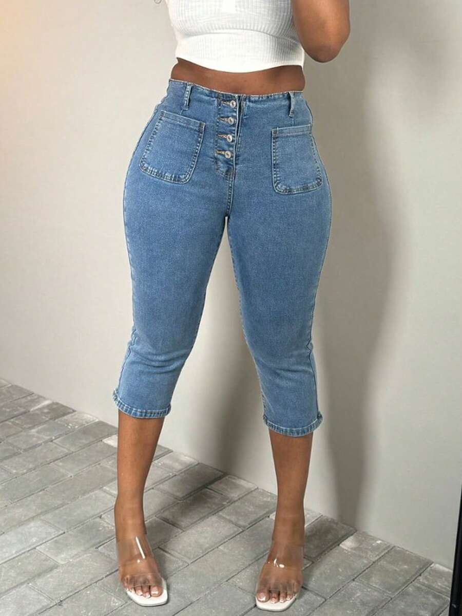 Pantalones vaqueros de mujer de talle medio con elasticidad y botones para looks urbanos - Azul lavado medio - Ver 1