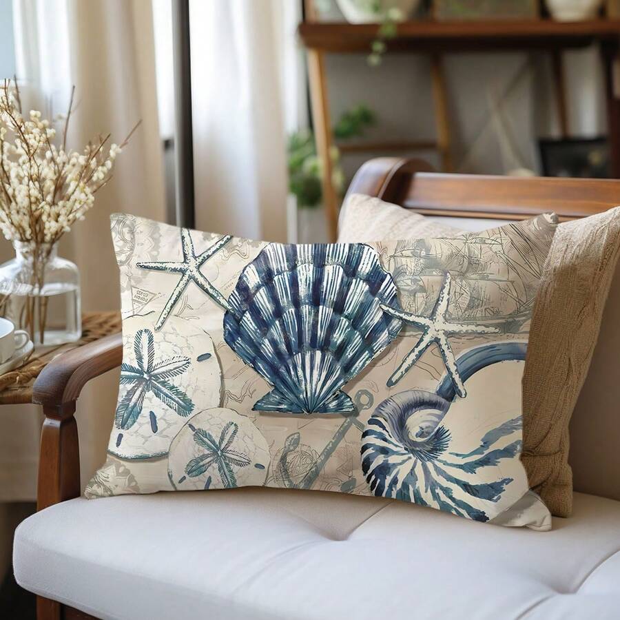 1pc Summer Retro Ocean Shell Decorative Pillow Case, Single-Sided Printed Peach Velvet Material, 30*50cm/40*60cm Cushion Cover Suitable For Room Decor, Modern Minimalist Sofa, Living Room Decor, Party Decor, Gift - Multicolor - View 1