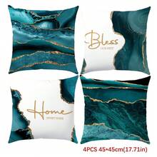 4pcs Peacock Green Agate Stone Gilded Pattern "Bless Home" Cushion Cover Set, Single-Sided Peach Velvet Fabric, 45*45/50*50/40*40CM Pillow Case Suitable For Modern Minimalist Sofa Living Room Decor, Gift, Party Decoration - Multicolor - View 12