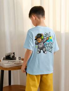Tween Boys Casual Printed Crew Neck Short Sleeve T-Shirt, Summer Top - Baby Blue - View 2