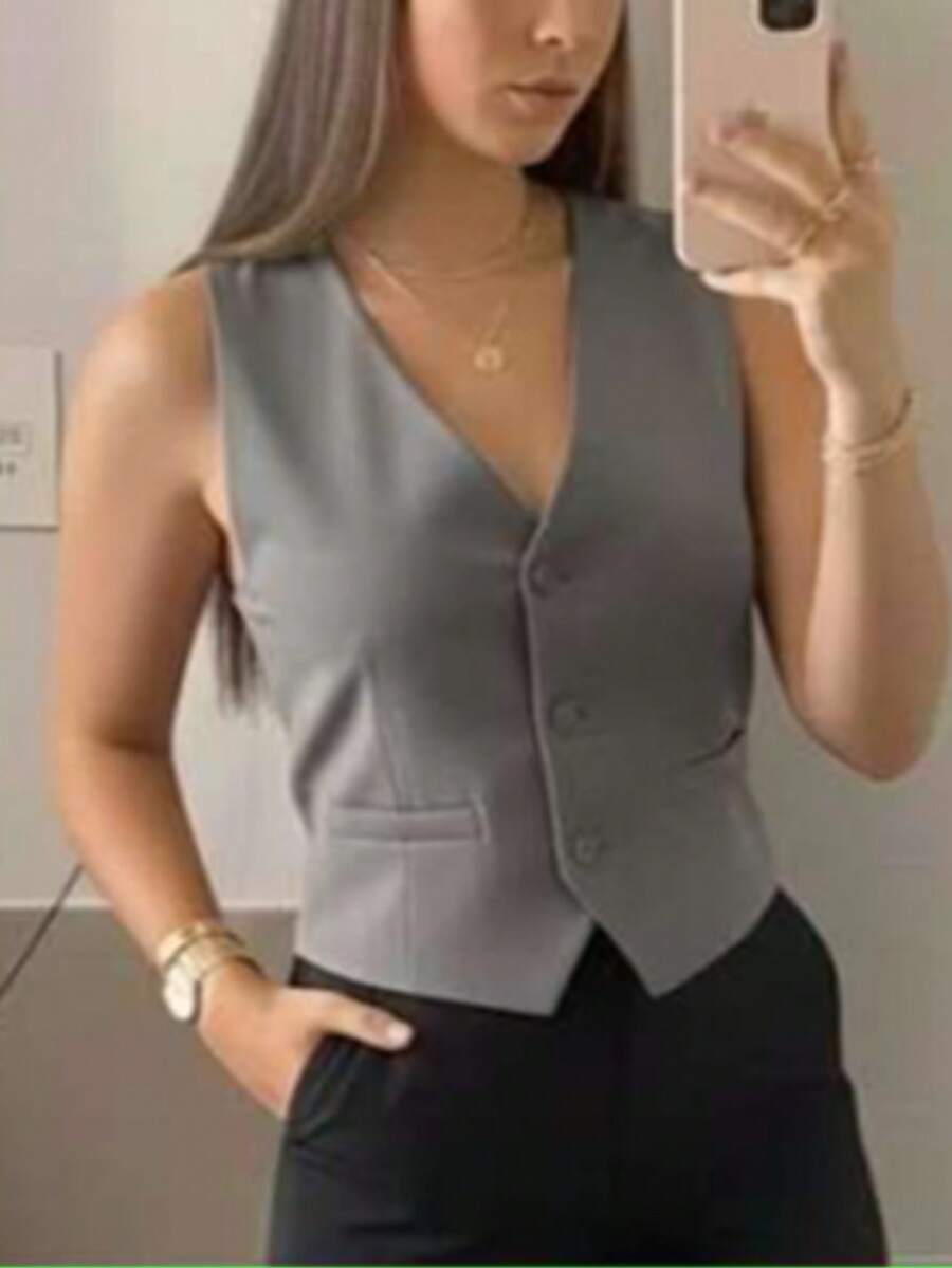 Women's Slim Fit Tailored Vest With Pocket, Luxury Casual Office Style - 灰色 - 查看 1