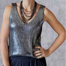 Metallic Knit Tank Top For Women, Backless Knit, Metallic Knit Nightwear - Silver - View 3