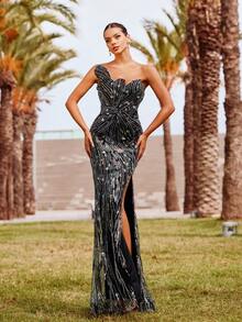 Faeriesty Women's Elegant Waist-Cinched Strapless Slit Design Party Dress Wedding - Black - View 3