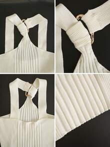 New Sexy Minimalist Style Cropped Fitted Spaghetti Strap Knit Camisole Top, Spring/Summer - Apricot - View 9