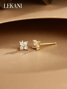 1 Pair S925 Sterling Silver Earrings, Fashionable & Popular Delicate Geometric Flower & Four-Leaf Clover Design, Jewelry Gift For Women, Suitable For Daily Wear - Gold - View 1