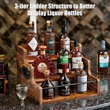 3-Tier Wooden Storage Display Rack With Handle - Polished Finish Multi-Purpose Organizer For Whiskey, Spirits, Coffee Syrup - Elegant Home Bar Countertop Decor, Kitchen Storage Rack | Wooden Display Rack | Decorative Storage, Shelves For Storage - Marrón - Ver 2