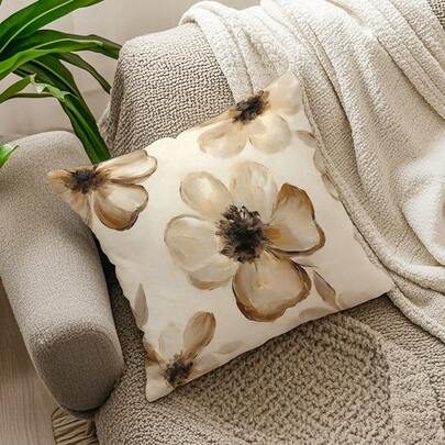 1件复古花卉文字图案蜜桃色天鹅绒单面印花抱枕套，装饰靠垫套，适用于客厅、沙发、卧室，不含枕芯