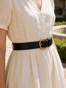 1pc Classic Black Leather Belt With Antique Bronze Buckle, Slim Design Suitable For Jeans, Dresses And Daily Wear - Black - View 5