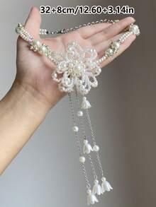 1pc Double-Layer Faux Pearl Flower Tassel Necklace, Fashionable Luxury Faux Pearl Metal Rhinestone Necklace, Suitable For Women's Daily Wear, Dating, Beach, Party, Gift, Holiday - White - View 4