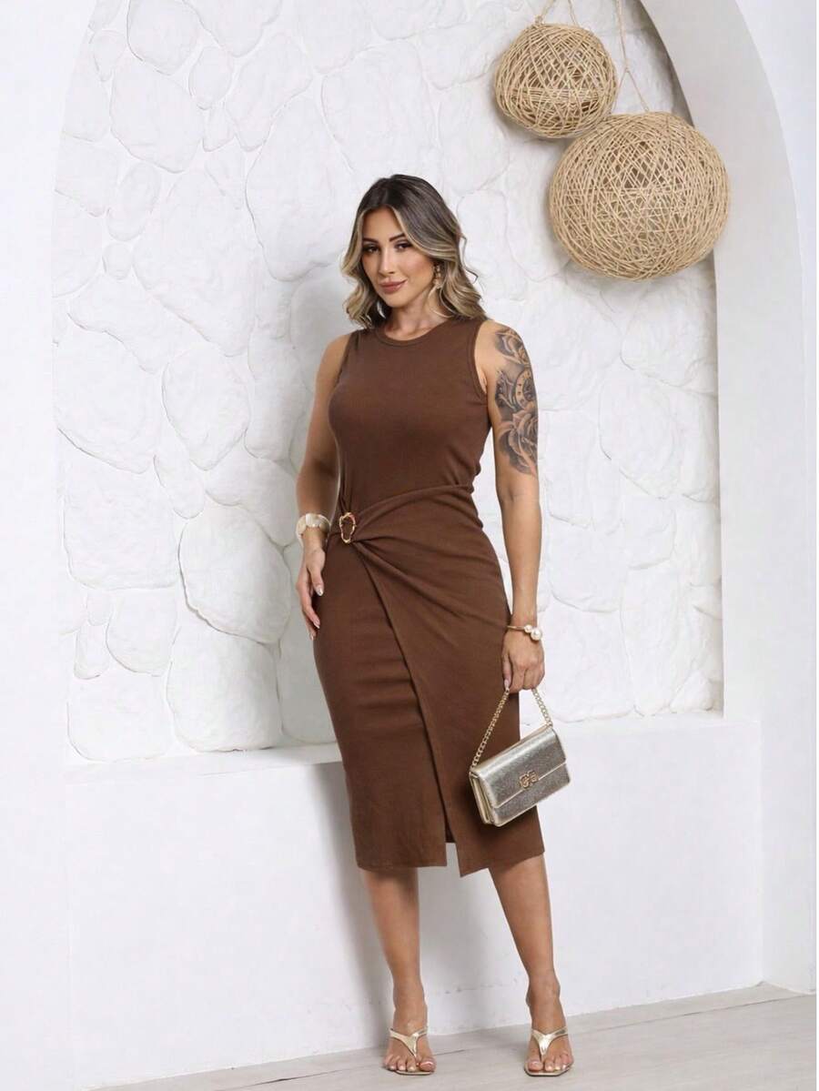 Ribbed Midi Tank Dress With Side Draping And Front Slit - Elegant And Comfortable - And Comfortable - Óxido marrón - Ver 1