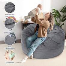 Sillón puf grande convertible con relleno para adultos, 2 en 1 con funda de pana extraíble y lavable, sofá cama para sala de estar y dormitorio (gris claro). - Gris - Ver 4