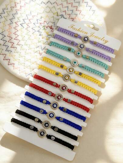 Pulsera de macramé con ojo malvado ajustable, pulsera de bohemia hecha a mano para mujeres y hombres, accesorio de muñeca estilo minimalista con encanto protector del ojo malvado, pulsera bohemia chic para uso diario, fiesta y playa, cuerda anudada a mano multicolor con decoración de diamante de imitación, ajustable para la mayoría de las muñecas, regalo de elegante para mejores amigos