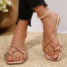 Flat Shoes For Women Summer Sandals Slides Square Open Toe Casual Lightweight Comfortable Outdoor Beach Fashionable Slippers Flip Flops - 玫瑰金 - 查看 4