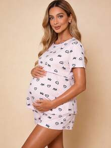 Hart & Haze Conjunto de 2 piezas para mujer en lactancia que incluye top de cuello redondo y pijama informal y cómodo con estampado lindo para maternidad, primavera - Rosa - Ver 2